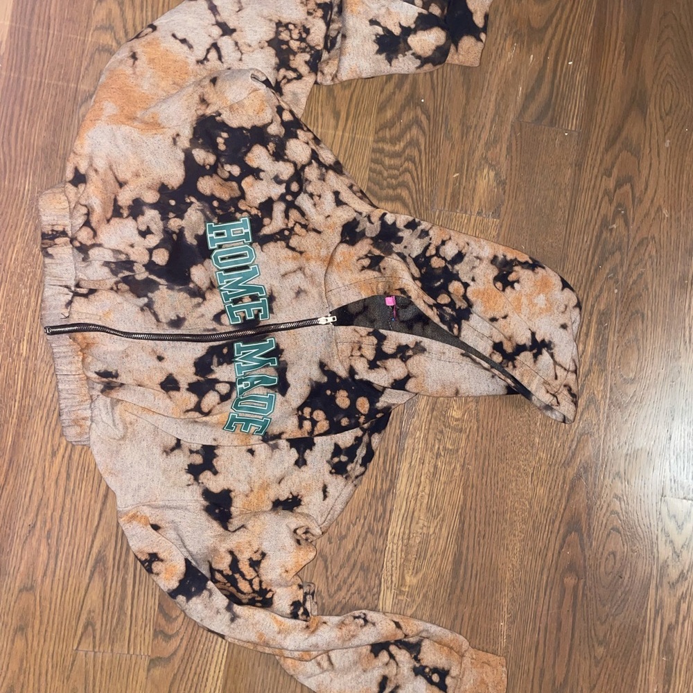 tie die orange and brown cropped zip up